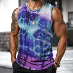 Online OUKU Men's Vest Top Undershirt Sleeveless Shirt Sleeveless Crewneck Spring & Summer Tie Dye Fashion Designer Vacation Street Going out Blue Purple Orange Top Tee for Men