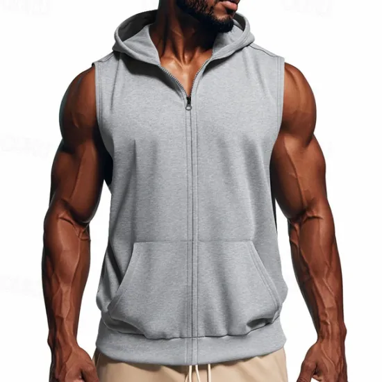 Sale OUKU Men's Vest Top Vest Undershirt Sleeveless Hooded Summer Plain Fashion Designer Basic Classic Vacation Street Going out Black Red Light Grey Top Tee for Men