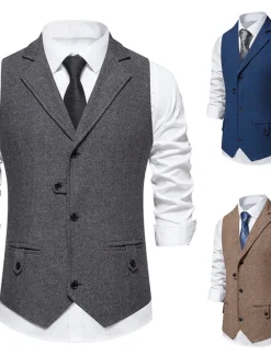 Online OUKU Men's Vest Waistcoat Business Evening Party Valentine's Day Vintage Fashion Spring & Fall Button Polyester Comfortable Plain Single Breasted Lapel Regular Fit Blue Dark Gray Brown Vest