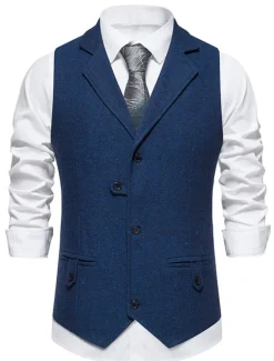 Online OUKU Men's Vest Waistcoat Business Evening Party Valentine's Day Vintage Fashion Spring & Fall Button Polyester Comfortable Plain Single Breasted Lapel Regular Fit Blue Dark Gray Brown Vest
