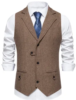 Online OUKU Men's Vest Waistcoat Business Evening Party Valentine's Day Vintage Fashion Spring & Fall Button Polyester Comfortable Plain Single Breasted Lapel Regular Fit Blue Dark Gray Brown Vest