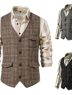 Best OUKU Men's Vest Waistcoat Daily Wear Vacation Going out Vintage British Spring & Fall Button Polyester Comfortable Plaid Single Breasted Lapel Regular Fit Grey Black khaki Vest