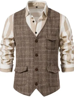 Best OUKU Men's Vest Waistcoat Daily Wear Vacation Going out Vintage British Spring & Fall Button Polyester Comfortable Plaid Single Breasted Lapel Regular Fit Grey Black khaki Vest