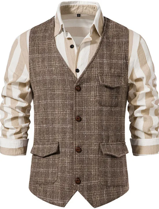 Best OUKU Men's Vest Waistcoat Daily Wear Vacation Going out Vintage British Spring & Fall Button Polyester Comfortable Plaid Single Breasted Lapel Regular Fit Grey Black khaki Vest
