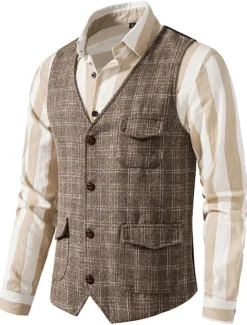 Best OUKU Men's Vest Waistcoat Daily Wear Vacation Going out Vintage British Spring & Fall Button Polyester Comfortable Plaid Single Breasted Lapel Regular Fit Grey Black khaki Vest