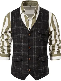 Best OUKU Men's Vest Waistcoat Daily Wear Vacation Going out Vintage British Spring & Fall Button Polyester Comfortable Plaid Single Breasted Lapel Regular Fit Grey Black khaki Vest