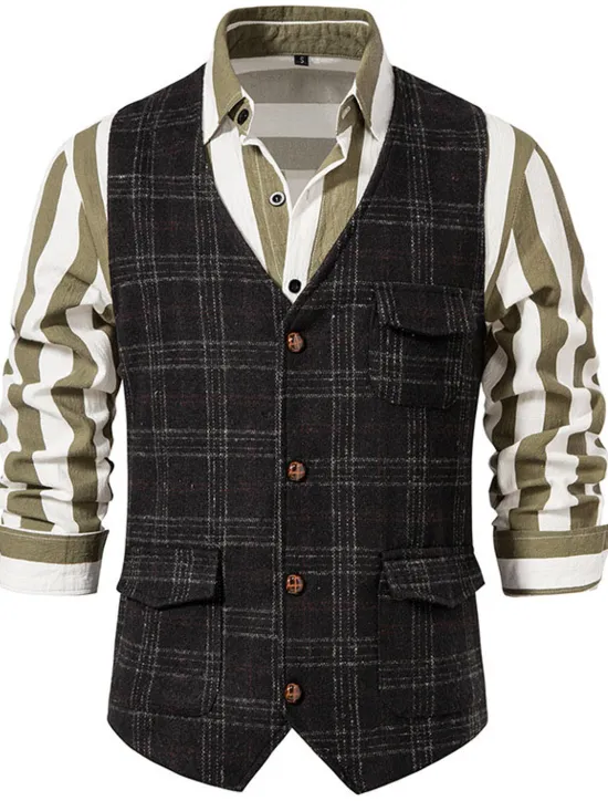 Best OUKU Men's Vest Waistcoat Daily Wear Vacation Going out Vintage British Spring & Fall Button Polyester Comfortable Plaid Single Breasted Lapel Regular Fit Grey Black khaki Vest