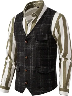 Best OUKU Men's Vest Waistcoat Daily Wear Vacation Going out Vintage British Spring & Fall Button Polyester Comfortable Plaid Single Breasted Lapel Regular Fit Grey Black khaki Vest