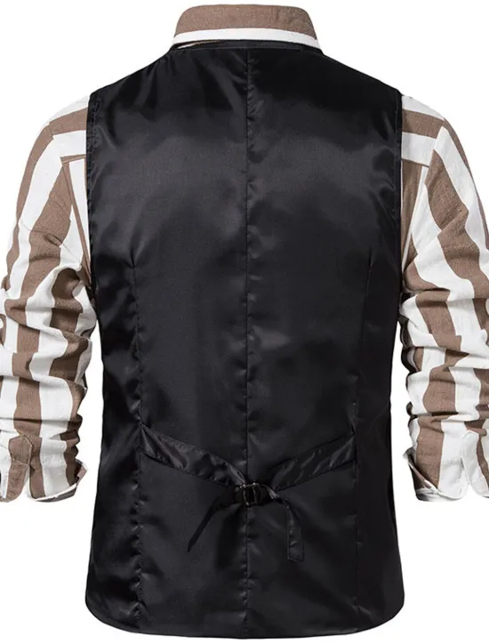 Best OUKU Men's Vest Waistcoat Daily Wear Vacation Going out Vintage British Spring & Fall Button Polyester Comfortable Plaid Single Breasted Lapel Regular Fit Grey Black khaki Vest