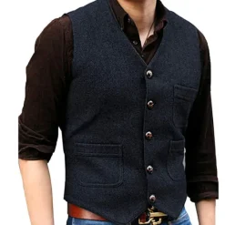 Online OUKU Men's Vest Waistcoat Daily Wear Vacation Going out Fashion Basic Spring & Fall Button Polyester Comfortable Plain Single Breasted V Neck Regular Fit Black Red Dark Navy Ocean Blue Vest