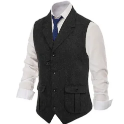 New OUKU Men's Vest Waistcoat Daily Wear Vacation Going out Retro Vintage Spring & Fall Button Polyester Comfortable Plain Single Breasted V Neck Regular Fit Black Dark Navy Coffee Gray Vest