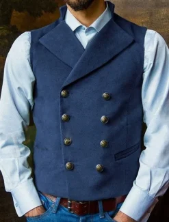 Hot OUKU Men's Vest Waistcoat Daily Wear Vacation Going out Vintage Fashion Spring & Fall Button Polyester Comfortable Plain Double Breasted Lapel Regular Fit Black Royal Blue Brown Rose Red Vest