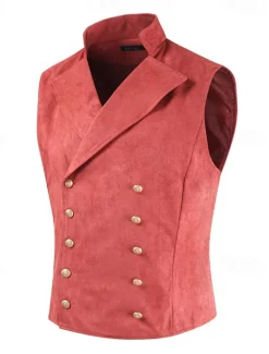 Hot OUKU Men's Vest Waistcoat Daily Wear Vacation Going out Vintage Fashion Spring & Fall Button Polyester Comfortable Plain Double Breasted Lapel Regular Fit Black Royal Blue Brown Rose Red Vest