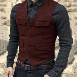 Discount OUKU Men's Vest Waistcoat Daily Wear Vacation Going out Fashion Basic Spring & Fall Button Polyester Comfortable Plain Single Breasted V Neck Regular Fit Black Dark Navy Dark Green Brown Vest