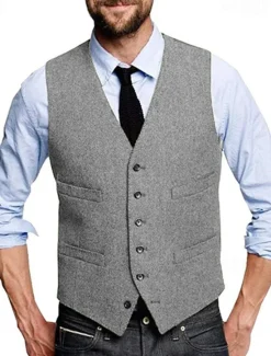 Discount OUKU Men's Vest Waistcoat Gilet Vacation Daily Wedding Party Date Fashion Casual Spring Fall Buttons Pocket Polyester Comfortable Plain Single Breasted One-button V Neck Regular Fit Silver Black Red