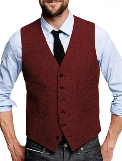 Discount OUKU Men's Vest Waistcoat Gilet Vacation Daily Wedding Party Date Fashion Casual Spring Fall Buttons Pocket Polyester Comfortable Plain Single Breasted One-button V Neck Regular Fit Silver Black Red