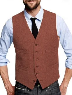 Discount OUKU Men's Vest Waistcoat Gilet Vacation Daily Wedding Party Date Fashion Casual Spring Fall Buttons Pocket Polyester Comfortable Plain Single Breasted One-button V Neck Regular Fit Silver Black Red