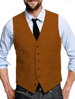 Discount OUKU Men's Vest Waistcoat Gilet Vacation Daily Wedding Party Date Fashion Casual Spring Fall Buttons Pocket Polyester Comfortable Plain Single Breasted One-button V Neck Regular Fit Silver Black Red