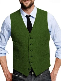 Discount OUKU Men's Vest Waistcoat Gilet Vacation Daily Wedding Party Date Fashion Casual Spring Fall Buttons Pocket Polyester Comfortable Plain Single Breasted One-button V Neck Regular Fit Silver Black Red