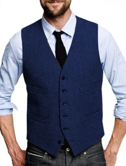 Discount OUKU Men's Vest Waistcoat Gilet Vacation Daily Wedding Party Date Fashion Casual Spring Fall Buttons Pocket Polyester Comfortable Plain Single Breasted One-button V Neck Regular Fit Silver Black Red