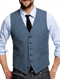 Discount OUKU Men's Vest Waistcoat Gilet Vacation Daily Wedding Party Date Fashion Casual Spring Fall Buttons Pocket Polyester Comfortable Plain Single Breasted One-button V Neck Regular Fit Silver Black Red