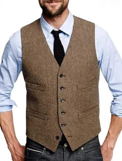 Discount OUKU Men's Vest Waistcoat Gilet Vacation Daily Wedding Party Date Fashion Casual Spring Fall Buttons Pocket Polyester Comfortable Plain Single Breasted One-button V Neck Regular Fit Silver Black Red