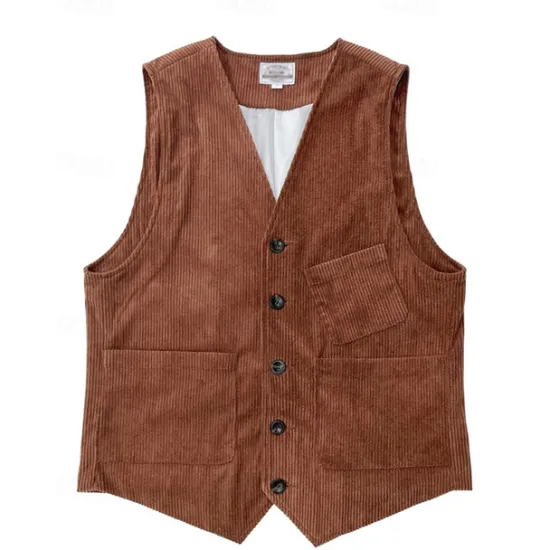 Sale OUKU Men's Vest Waistcoat Gilet Vacation Party Business Fashion Casual Spring Fall Buttons Pocket Polyester Corduroy Comfortable Solid Color Single Breasted One-button V Neck Regular Fit Dark Brown Black
