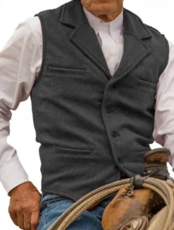 Online OUKU Men's Vest Waistcoat Gilet Vacation Daily Wedding Party Date Fashion Casual Spring Fall Buttons Pocket Polyester Comfortable Plain Single Breasted One-button Lapel Regular Fit Silver Black Red