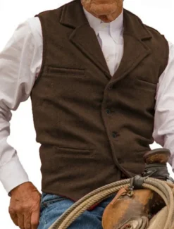 Online OUKU Men's Vest Waistcoat Gilet Vacation Daily Wedding Party Date Fashion Casual Spring Fall Buttons Pocket Polyester Comfortable Plain Single Breasted One-button Lapel Regular Fit Silver Black Red