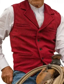 Online OUKU Men's Vest Waistcoat Gilet Vacation Daily Wedding Party Date Fashion Casual Spring Fall Buttons Pocket Polyester Comfortable Plain Single Breasted One-button Lapel Regular Fit Silver Black Red