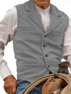 Online OUKU Men's Vest Waistcoat Gilet Vacation Daily Wedding Party Date Fashion Casual Spring Fall Buttons Pocket Polyester Comfortable Plain Single Breasted One-button Lapel Regular Fit Silver Black Red