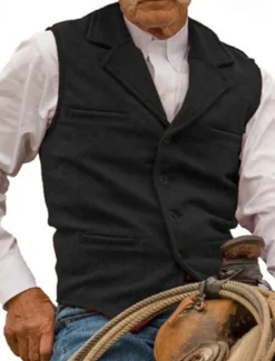 Online OUKU Men's Vest Waistcoat Gilet Vacation Daily Wedding Party Date Fashion Casual Spring Fall Buttons Pocket Polyester Comfortable Plain Single Breasted One-button Lapel Regular Fit Silver Black Red
