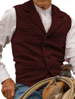Online OUKU Men's Vest Waistcoat Gilet Vacation Daily Wedding Party Date Fashion Casual Spring Fall Buttons Pocket Polyester Comfortable Plain Single Breasted One-button Lapel Regular Fit Silver Black Red