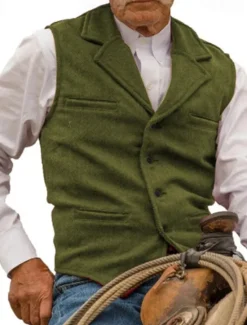 Online OUKU Men's Vest Waistcoat Gilet Vacation Daily Wedding Party Date Fashion Casual Spring Fall Buttons Pocket Polyester Comfortable Plain Single Breasted One-button Lapel Regular Fit Silver Black Red
