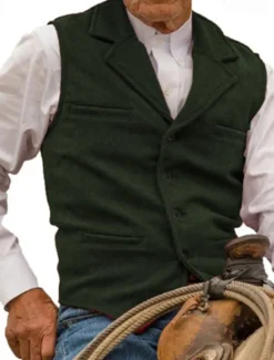 Online OUKU Men's Vest Waistcoat Gilet Vacation Daily Wedding Party Date Fashion Casual Spring Fall Buttons Pocket Polyester Comfortable Plain Single Breasted One-button Lapel Regular Fit Silver Black Red