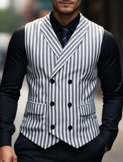 New OUKU Men's Vest Waistcoat Gilet Vacation Party Business Fashion Casual Summer Spring Buttons Pocket Polyester Comfortable Plaid Stripes Single Breasted One-button Lapel Regular Fit Black Brown Light Grey