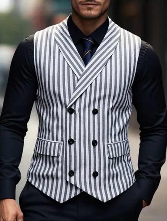 New OUKU Men's Vest Waistcoat Gilet Vacation Party Business Fashion Casual Summer Spring Buttons Pocket Polyester Comfortable Plaid Stripes Single Breasted One-button Lapel Regular Fit Black Brown Light Grey