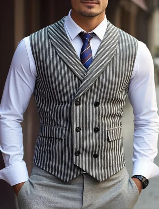 New OUKU Men's Vest Waistcoat Gilet Vacation Party Business Fashion Casual Summer Spring Buttons Pocket Polyester Comfortable Plaid Stripes Single Breasted One-button Lapel Regular Fit Black Brown Light Grey