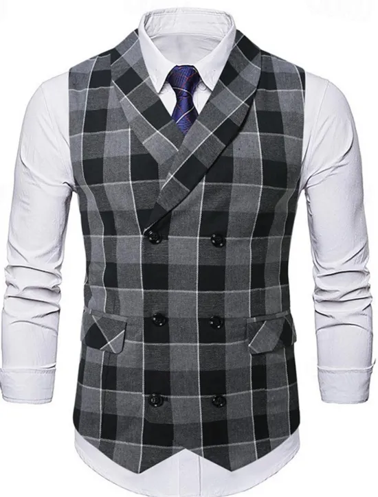New OUKU Men's Vest Waistcoat Gilet Vacation Party Business Fashion Casual Summer Spring Buttons Pocket Polyester Comfortable Plaid Stripes Single Breasted One-button Lapel Regular Fit Black Brown Light Grey