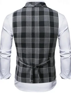 New OUKU Men's Vest Waistcoat Gilet Vacation Party Business Fashion Casual Summer Spring Buttons Pocket Polyester Comfortable Plaid Stripes Single Breasted One-button Lapel Regular Fit Black Brown Light Grey