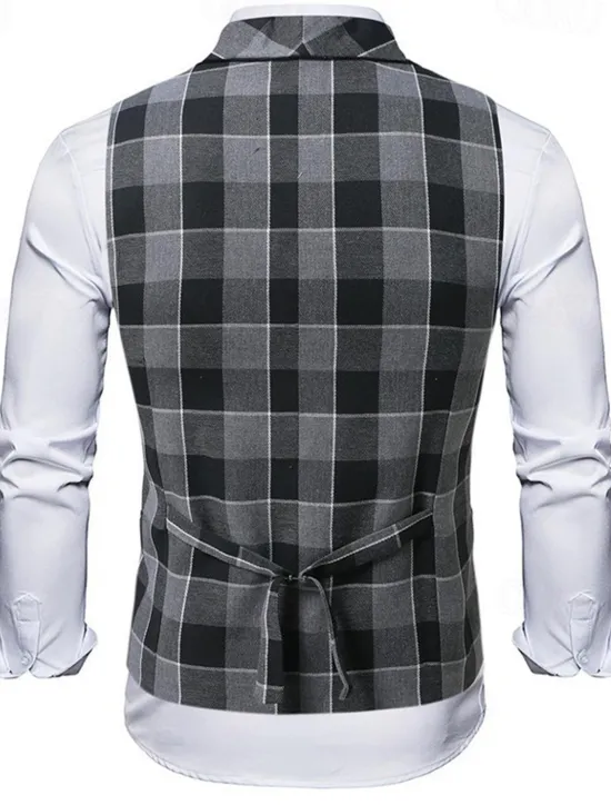 New OUKU Men's Vest Waistcoat Gilet Vacation Party Business Fashion Casual Summer Spring Buttons Pocket Polyester Comfortable Plaid Stripes Single Breasted One-button Lapel Regular Fit Black Brown Light Grey