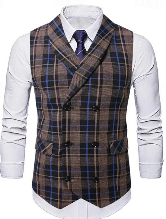 New OUKU Men's Vest Waistcoat Gilet Vacation Party Business Fashion Casual Summer Spring Buttons Pocket Polyester Comfortable Plaid Stripes Single Breasted One-button Lapel Regular Fit Black Brown Light Grey