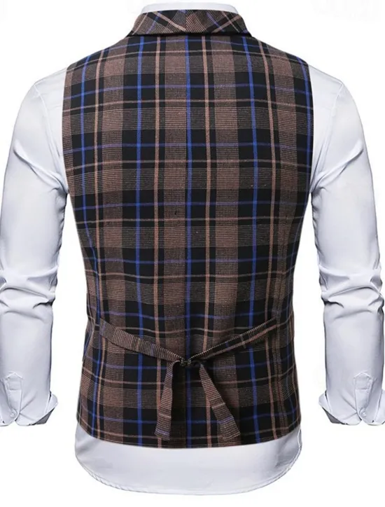 New OUKU Men's Vest Waistcoat Gilet Vacation Party Business Fashion Casual Summer Spring Buttons Pocket Polyester Comfortable Plaid Stripes Single Breasted One-button Lapel Regular Fit Black Brown Light Grey