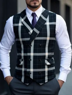 New OUKU Men's Vest Waistcoat Gilet Vacation Party Business Fashion Casual Summer Spring Buttons Pocket Polyester Comfortable Plaid Stripes Single Breasted One-button Lapel Regular Fit Black Brown Light Grey