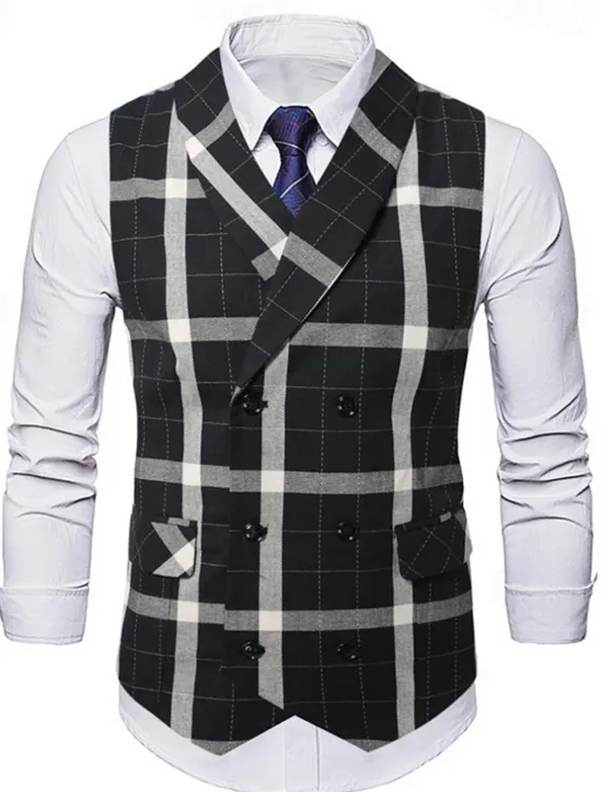 New OUKU Men's Vest Waistcoat Gilet Vacation Party Business Fashion Casual Summer Spring Buttons Pocket Polyester Comfortable Plaid Stripes Single Breasted One-button Lapel Regular Fit Black Brown Light Grey