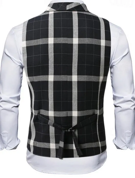 New OUKU Men's Vest Waistcoat Gilet Vacation Party Business Fashion Casual Summer Spring Buttons Pocket Polyester Comfortable Plaid Stripes Single Breasted One-button Lapel Regular Fit Black Brown Light Grey