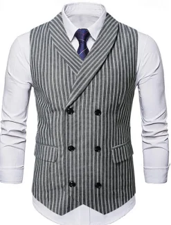 New OUKU Men's Vest Waistcoat Gilet Vacation Party Business Fashion Casual Summer Spring Buttons Pocket Polyester Comfortable Plaid Stripes Single Breasted One-button Lapel Regular Fit Black Brown Light Grey