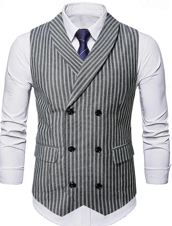 New OUKU Men's Vest Waistcoat Gilet Vacation Party Business Fashion Casual Summer Spring Buttons Pocket Polyester Comfortable Plaid Stripes Single Breasted One-button Lapel Regular Fit Black Brown Light Grey