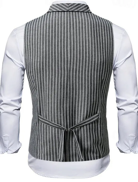 New OUKU Men's Vest Waistcoat Gilet Vacation Party Business Fashion Casual Summer Spring Buttons Pocket Polyester Comfortable Plaid Stripes Single Breasted One-button Lapel Regular Fit Black Brown Light Grey