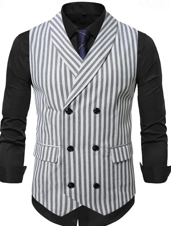 New OUKU Men's Vest Waistcoat Gilet Vacation Party Business Fashion Casual Summer Spring Buttons Pocket Polyester Comfortable Plaid Stripes Single Breasted One-button Lapel Regular Fit Black Brown Light Grey